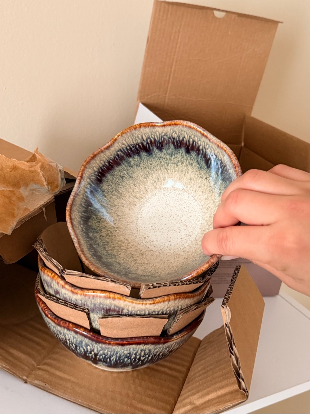 Handcrafted Ceramic Glaze Bowl RIRIKU- Blue, Cream, and Brown